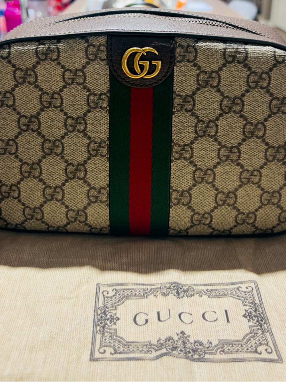 Gucci Beige GG Canvas Crossbody Bag with Green and Red Web Stripe
